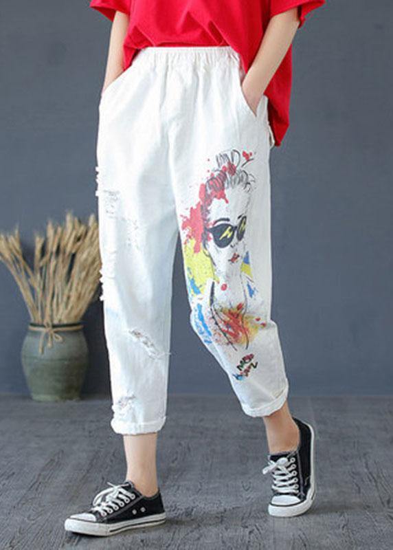 Stylish White Print High Waist Hole Harem Cotton Pants