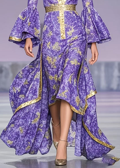 French Lavender Print Asymmetrical Exra Large Hem Party Dress Flare Sleeve