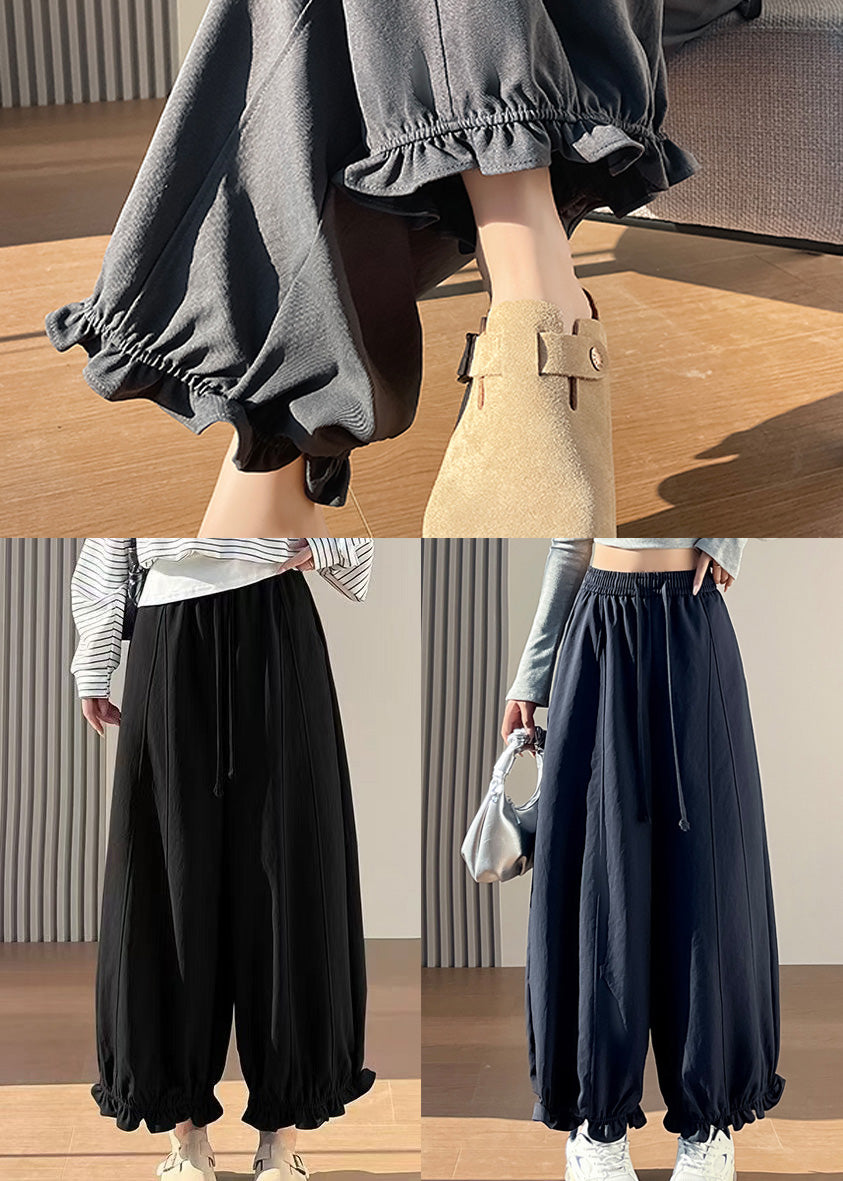 Handmade Navy Ruffled Cotton Crop Pants Fall