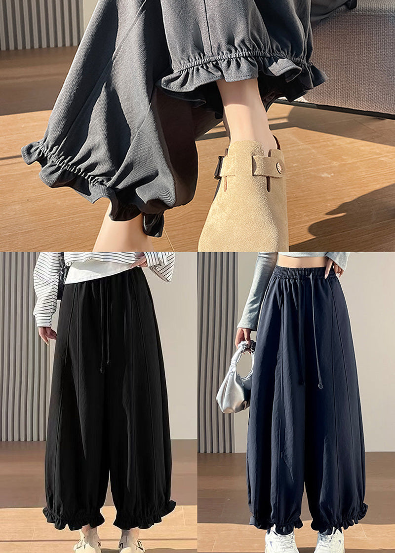 Handmade Navy Ruffled Cotton Crop Pants Fall