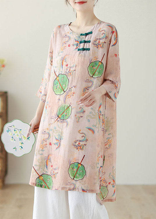 Pink O Neck Print Chinese Button Cotton Mid Dress Summer