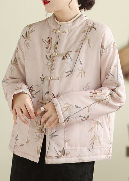 Pink Stand Collar Button Print Thick Coats Winter