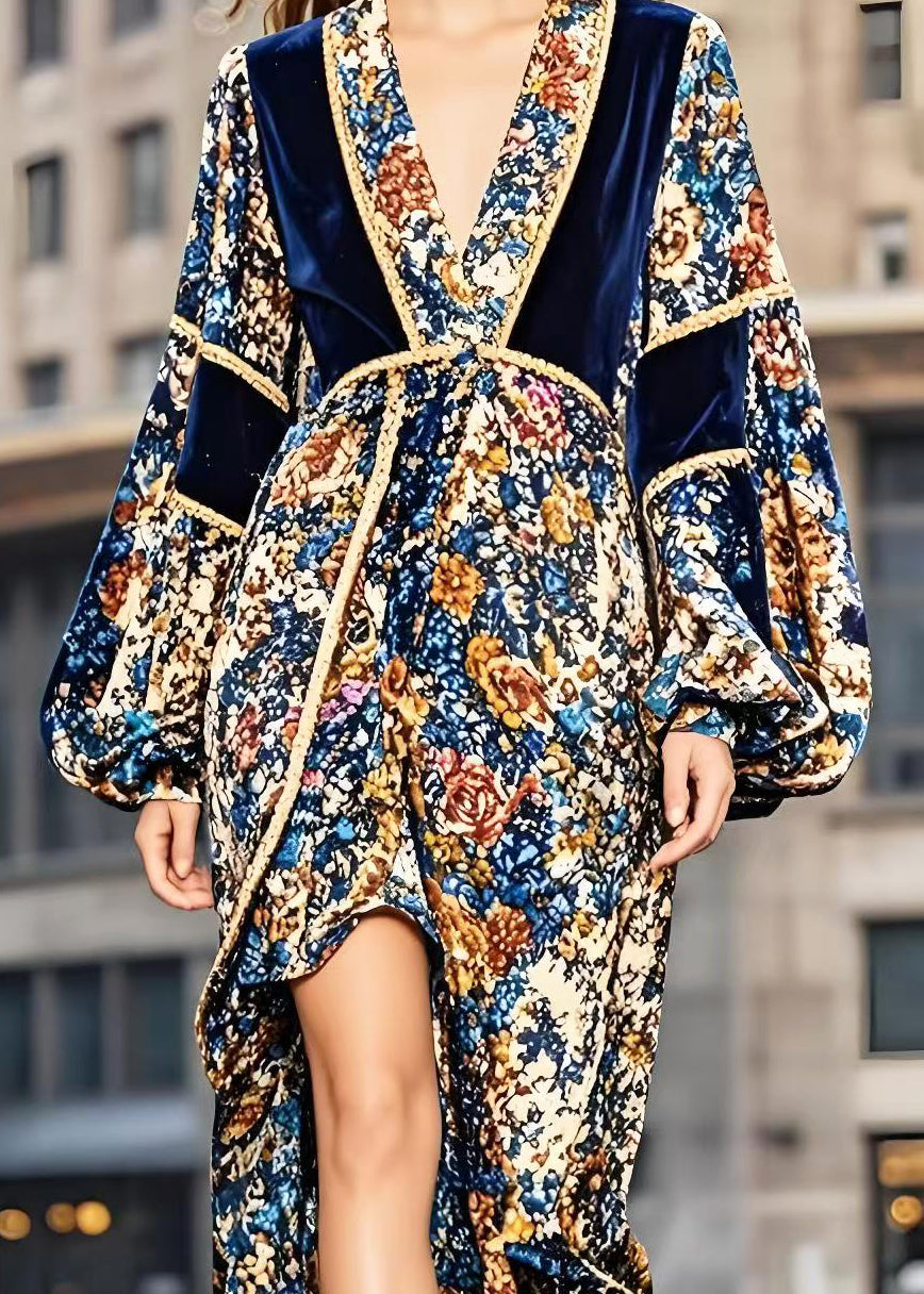 Patchwork Low High Design Silk Velvet Vestidos Dress Lantern Sleeve