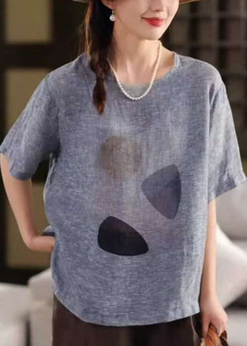 Blue O Neck Print Linen T Shirts Summer