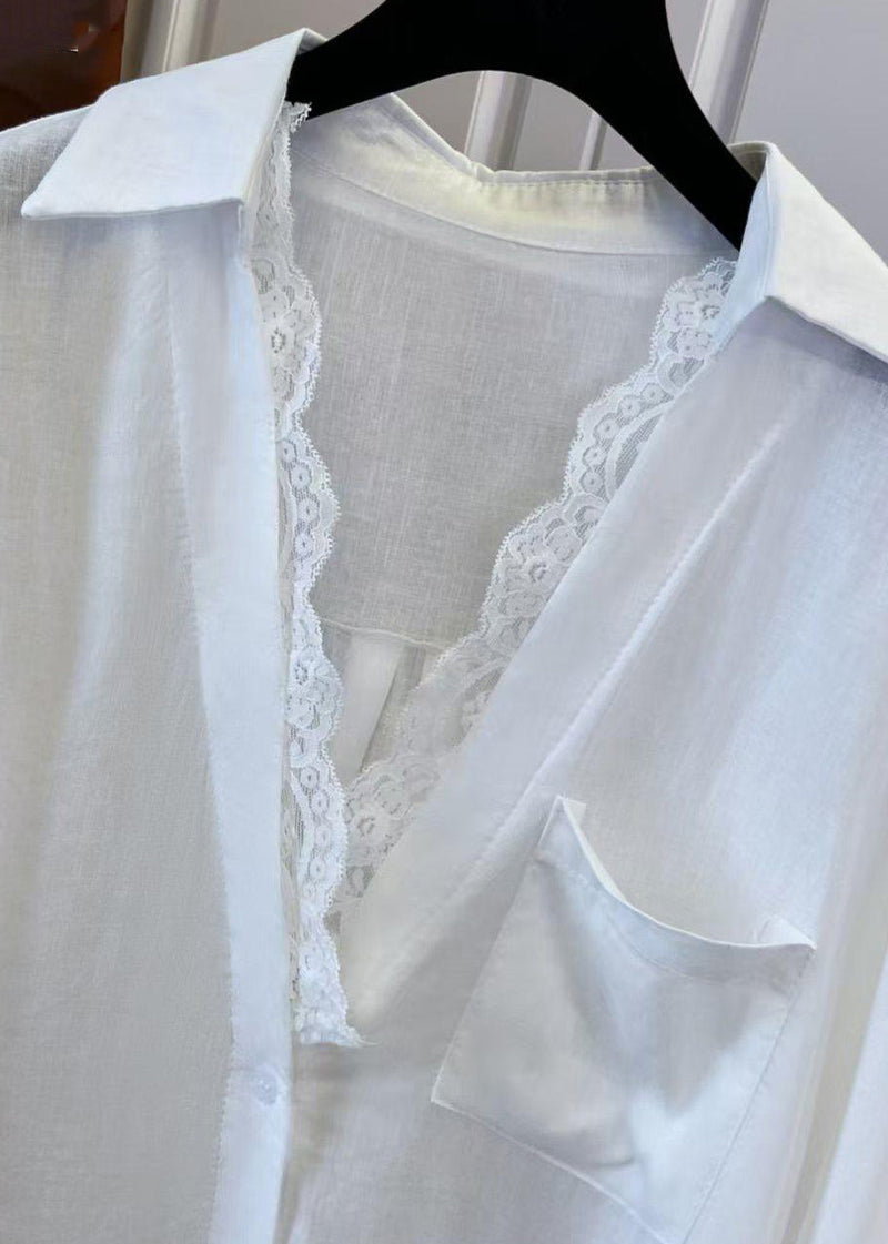 White V Neck Lace Patchwork Shirts Spring