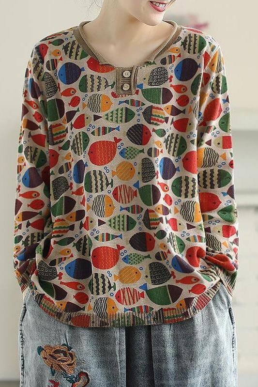 Round Neck Fish Print Knitted T-shirt