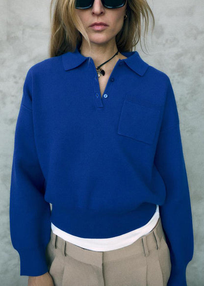 Simple Blue Peter Pan Collar Button Cotton Sweatshirt Fall