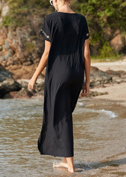 Handmade Black Embroidered Cotton Long Dress Summer