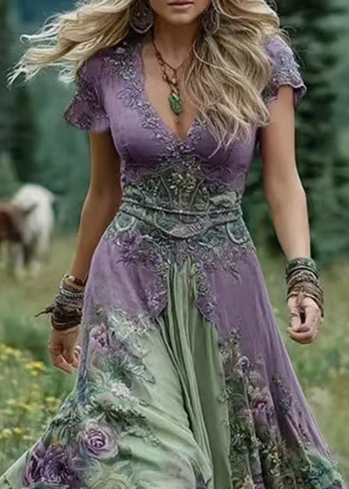 Green V Neck Print Patchwork Long Dresses Summer