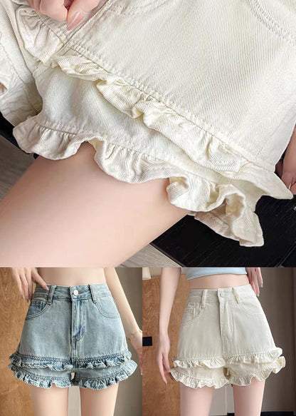 New White Ruffled Pockets Denim Shorts Summer