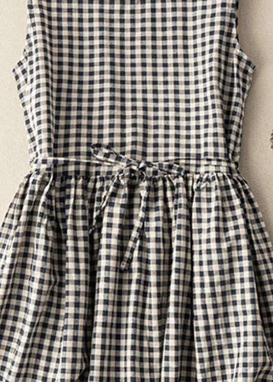 Fitted Black White Plaid O-neck Patchwork Tie Waist Maxi Dress Summer