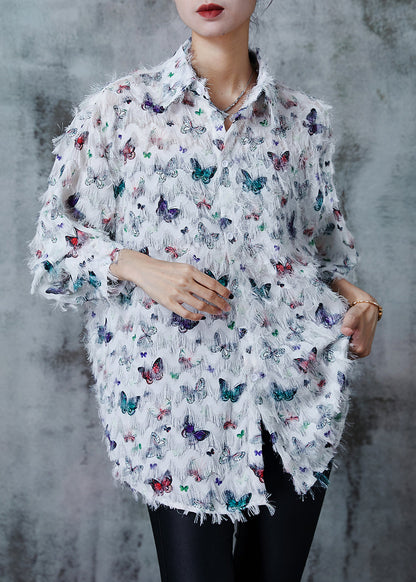 Unique Multicolour Butterfly Tasseled Cotton Tops Summer