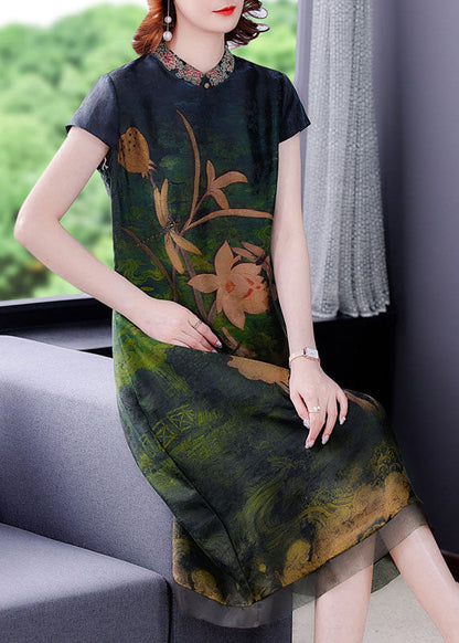 Green Print Silk Dress Embroidered Short Sleeve