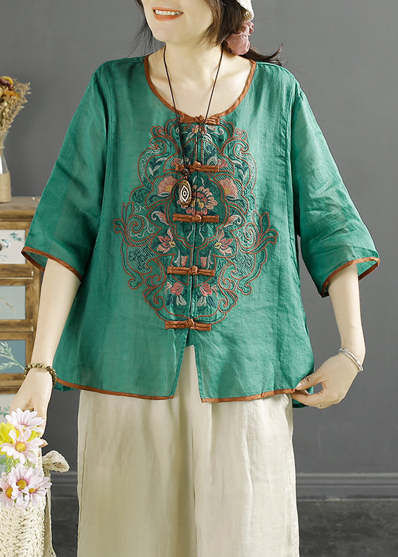 Green O-neck Embroideried Linen Shirt Top Summer