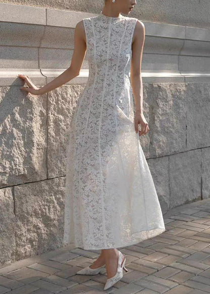 Slim Fit White High Waist Lace Long Dress Sleeveless