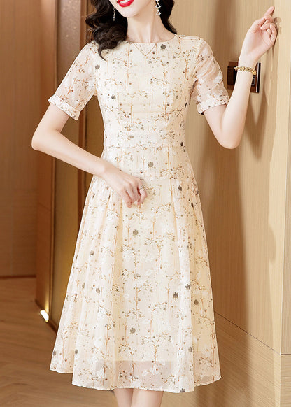 Italian Apricot O-neck Print Wrinkled Chiffon Dresses Summer