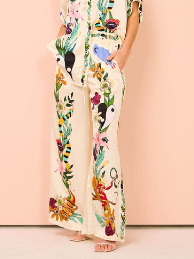 Unique Print Satin Elastic Waist Pocketed Wide Leg Pants