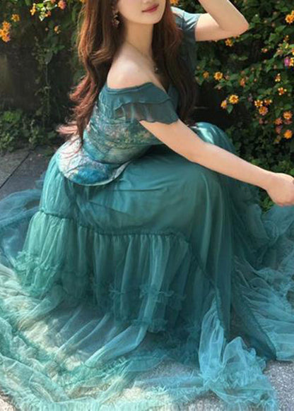 New Blue Slash Neck Tops and Ruffled Skirts Two Pieces Set Summer