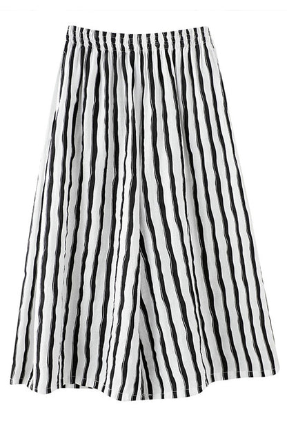 Summer Vertical Stripes Tencel Cotton Wide-leg Cropped Trousers