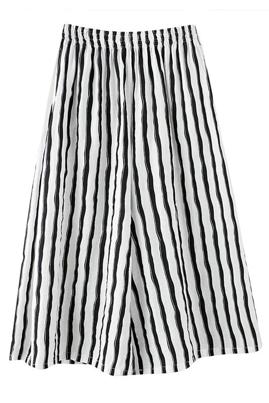 Summer Vertical Stripes Tencel Cotton Wide-leg Cropped Trousers