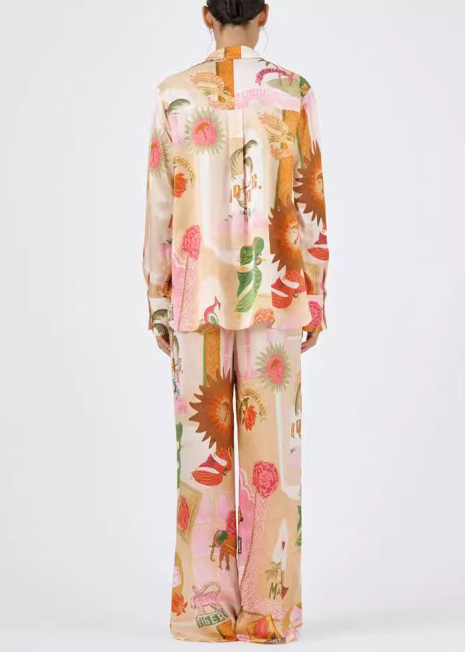 Loose Peter Pan Collar Print Shirts and Pants Cotton Two Pieces Set Spring