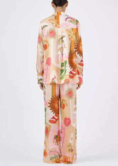 Loose Peter Pan Collar Print Shirts and Pants Cotton Two Pieces Set Spring