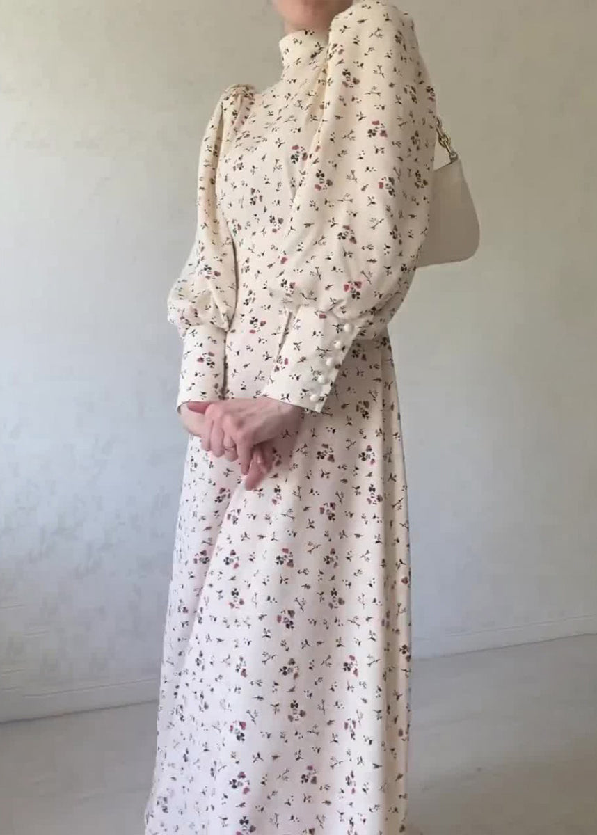 Autumn Apricot Lace Up Stand Collar Print Chiffon Dress