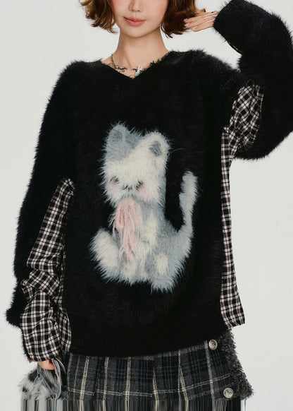 Black Oversized Patchwork Fuzzy Fur Fluffy Knit Sweater Winter