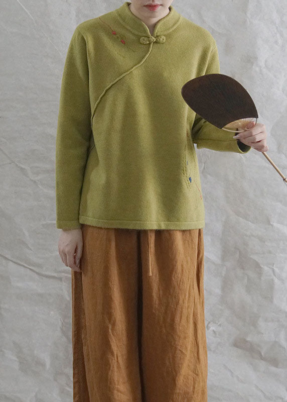 Style Yellow Retro Embroidered Fall Knit Tops