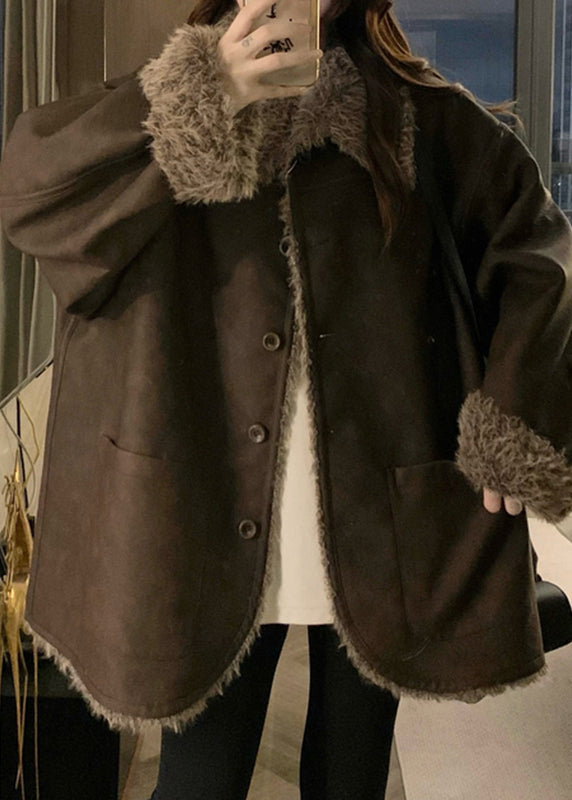 Coffee Peter Pan Collar Button Wear on Both Sides Thick Leather and Fur Coats Winter