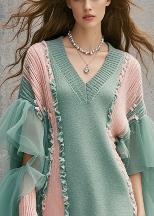 Diy Green Ruffled Patchwork Tulle Long Sweater Fall