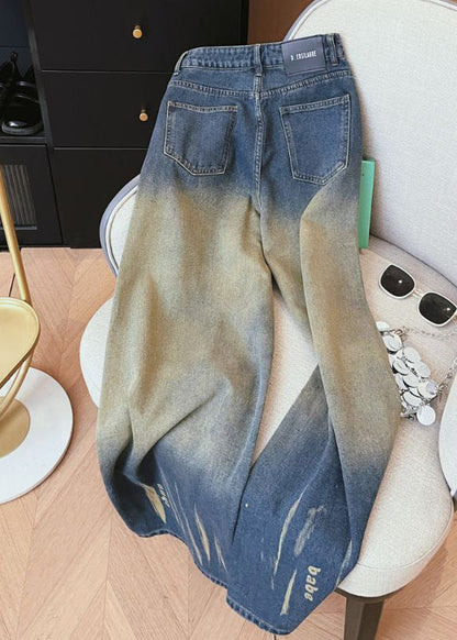 Denim Blue High Waist Pockets Tie Dye Wide Leg Pants Winter