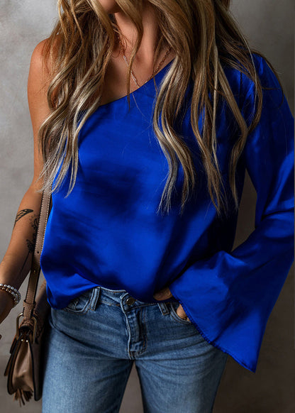 Royal Blue Asymmetrical One Shoulder Tops Fall