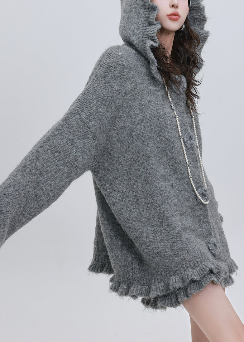 Grey Cotton Knit Hooded Cardigan and Skirts Two Pieces Set Puff Sleeve