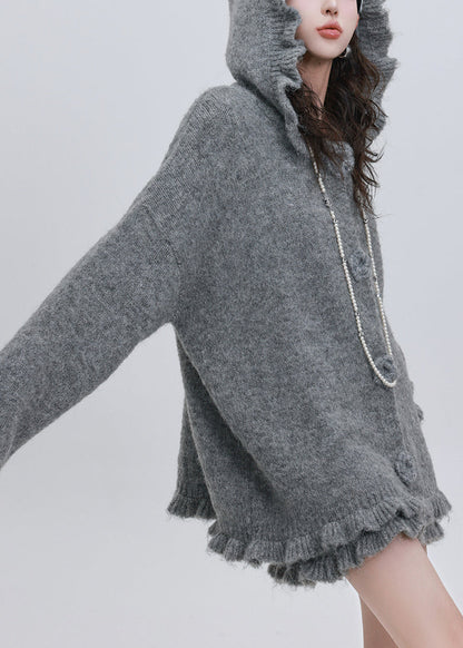 Grey Cotton Knit Hooded Cardigan and Skirts Two Pieces Set Puff Sleeve