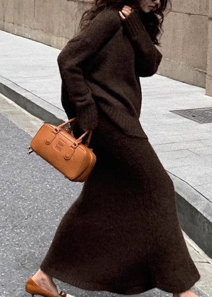 Brown Cozy Cotton Knit Sweaters and Maxi Skirts Two Pieces Set Winter