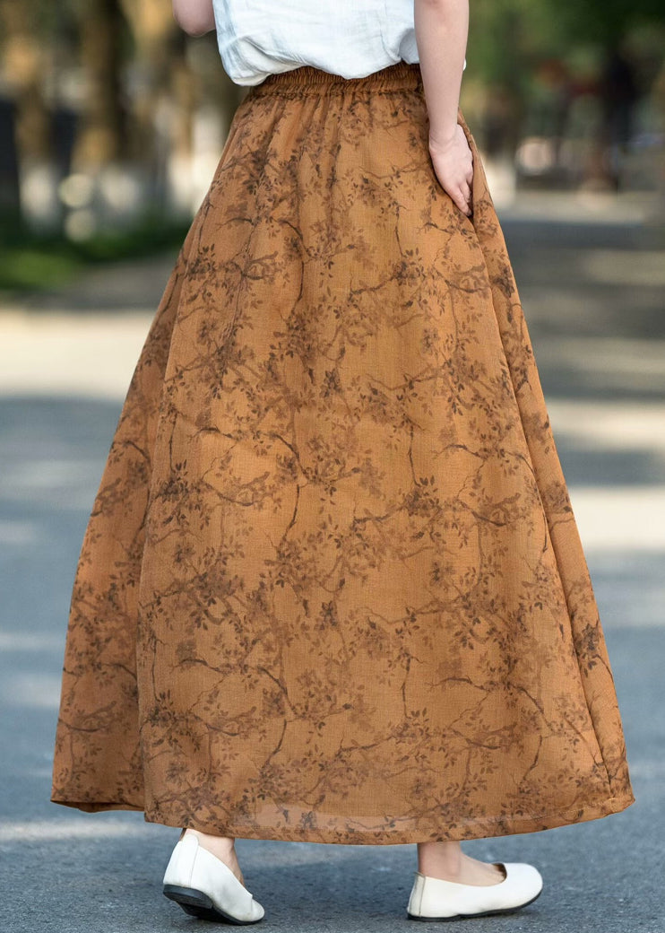 Khaki Pockets Print High Waist Cotton Skirts Summer