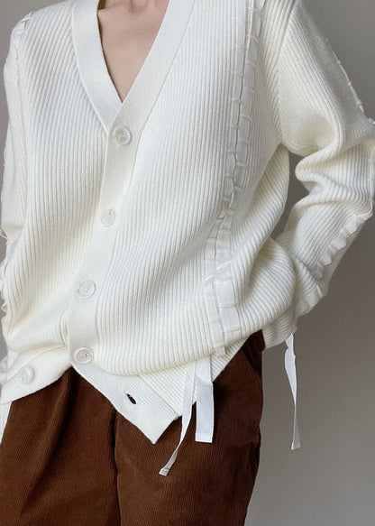 French White V Neck Button Knit Woolen Cardigans Spring