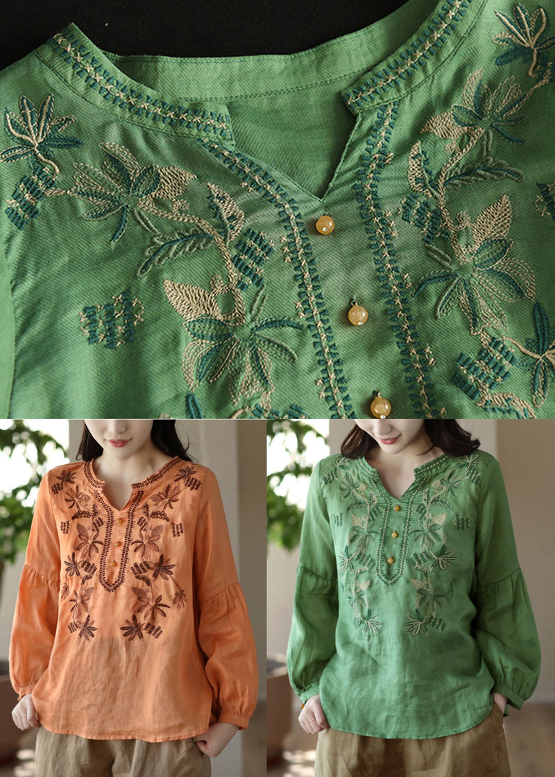 Orange Embroidered Wrinkled Patchwork Linen T Shirt Spring