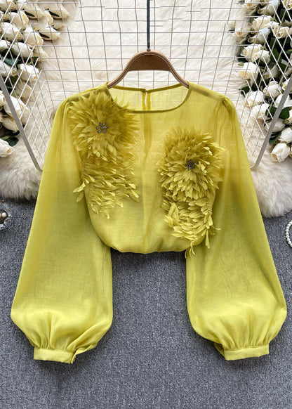 Yellow O Neck Chiffon Shirts Long Sleeve
