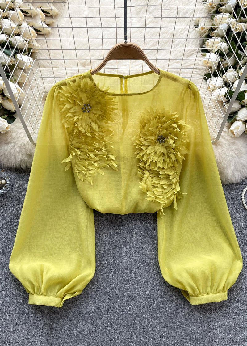 Yellow O Neck Chiffon Shirts Long Sleeve