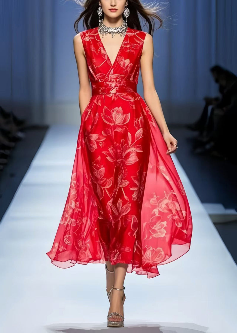 Red Print Draping Chiffon Vacation Dresses Sleeveless