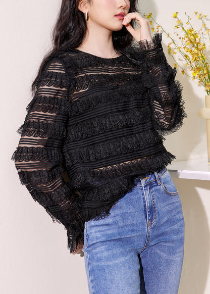 New Black O Neck Lace Top Long Sleeve