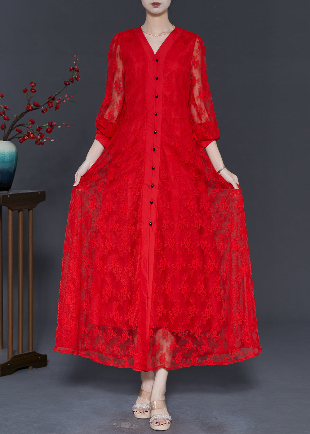 French Red V Neck Hollow Out Lace Holiday Dress Fall