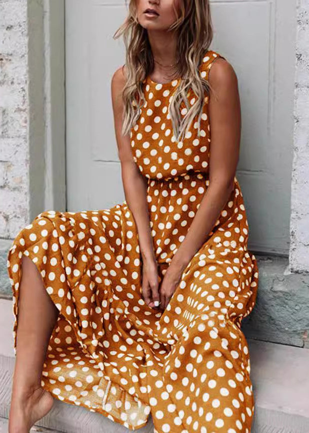 Coffee O Neck Dot Print Cotton Dresses Sleeveless