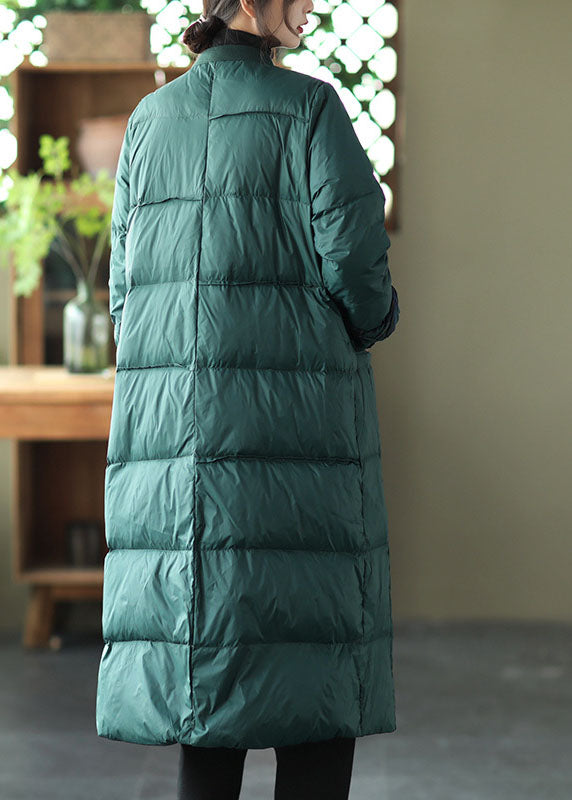 Green Stand Collar Button Pockets Patchwork Winter Down Coat