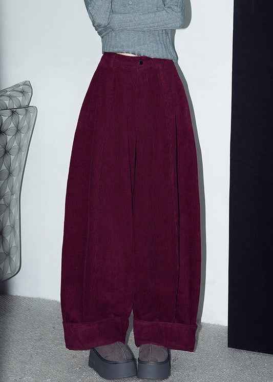 Red Button Warm Fleece Corduroy Wide Leg Pants Winter