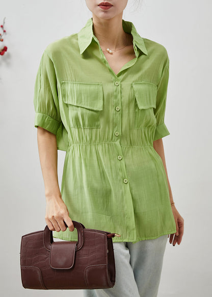 Green Cinched Silm Fit Cotton Blouse Top Summer