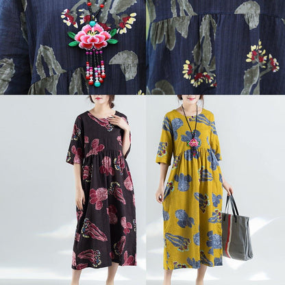 Loose Navy Cotton Linen Robes Sleeve Prints Summer Dress