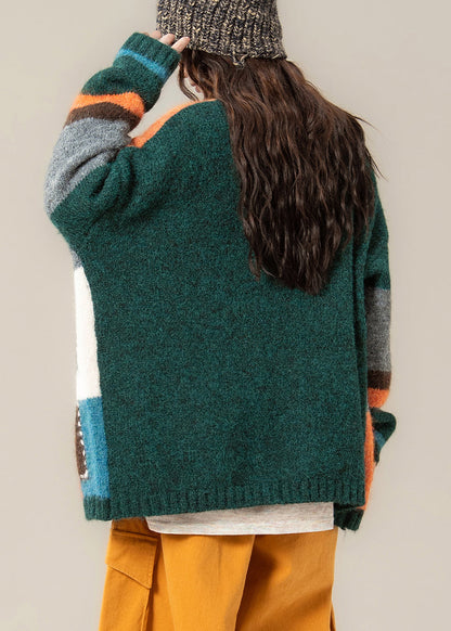 Unique Green Geometric Button Patchwork Knit Coat Spring